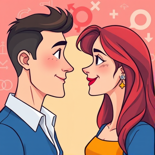 Create an illustration of a man and woman facing each other with playful expressions, featuring gender symbols in the background, using vibrant colors, in a cartoon style, with a focus on smooth lines and clear details, captured with a high-resolution digital camera at f/5.6 aperture, 50mm lens, and a soft focus effect.