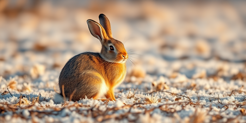 Regenerate an image of a brown rabbit sitting on a frost-covered ground with twigs in the foreground, captured with a Canon EOS R5, 85mm lens, aperture f/1.8, ISO 200, 1/250s shutter speed, natural sunlight, shallow depth of field, and a soft focus background.