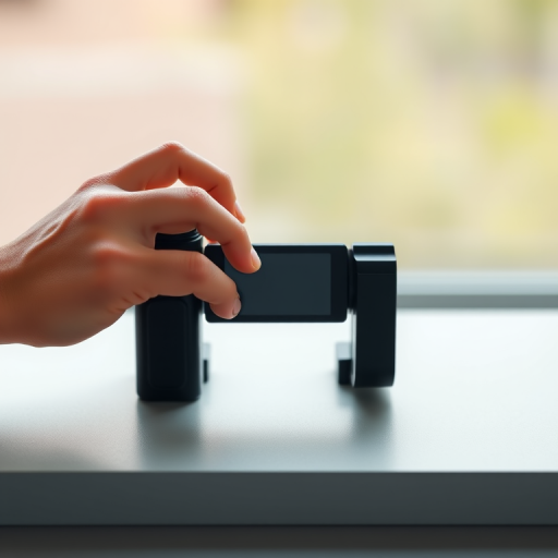 Create an illustration of two hands adjusting a device on a flat surface, focus on the details of the hands and the device, shot with a Canon EOS R5 at f/2.8, 1/250s, ISO 100, using natural light with a shallow depth of field for a soft background blur.