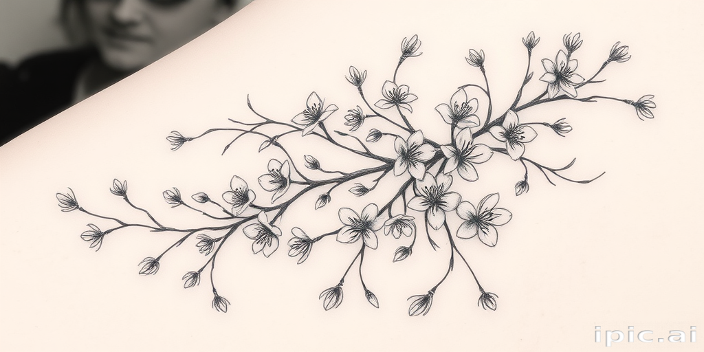 Fine line tattoo "Delicate Reverie" showcasing a detailed botanical illustration of intertwining vines and blossoms in delicate black linework with subtle grey wash shading