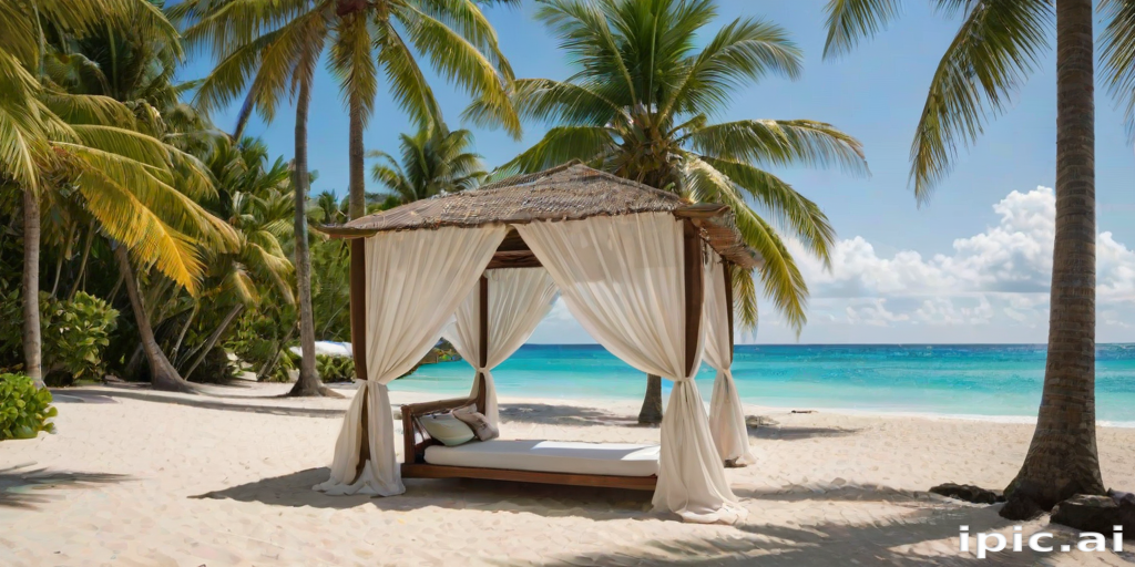 Create a picturesque tropical beach scene featuring a serene, white sandy shore. In the foreground, there's a rustic wooden canopy with white drapes gently flowing in the breeze. Underneath the canopy, a table is set with tropical decor, evoking a sense of relaxation and leisure. The beach extends into a calm, shallow water area with reflections of the sky and surroundings. Palm trees and lush greenery line the edge of the beach, providing a natural, tropical backdrop. The sky is clear with a few scattered clouds, and the overall atmosphere is tranquil and inviting, perfect for a peaceful retreat.