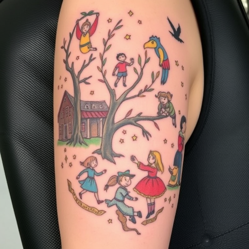 Illustrative tattoo called "Storybook Skin" depicting whimsical scenes and characters from fairy tales and folklore with a hand-drawn quality and soft color palette
