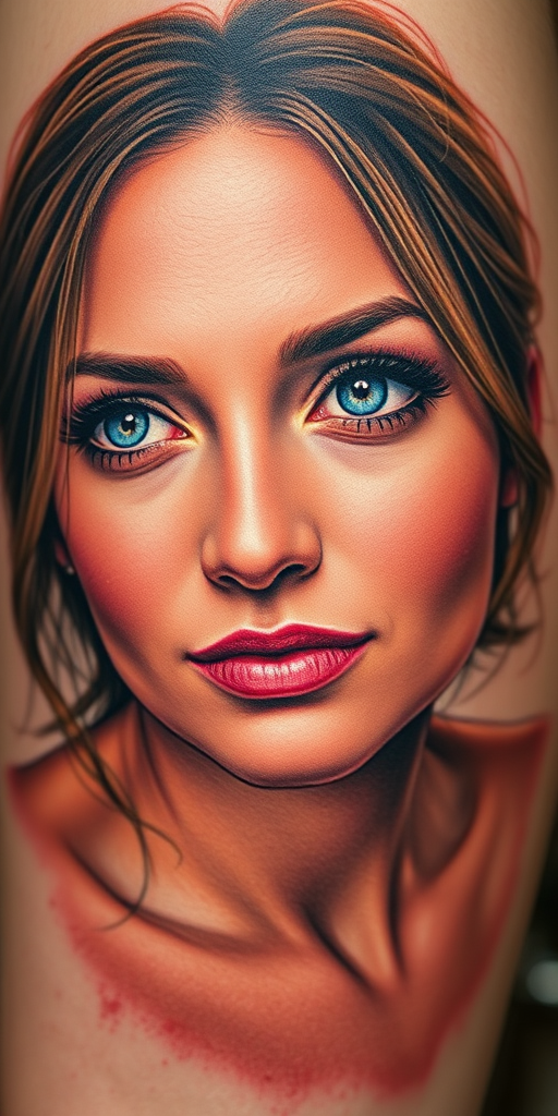 Photorealistic color portrait tattoo capturing the essence of a loved one, showcasing lifelike skin tones, expressive eyes, and intricate details that bring the image to life