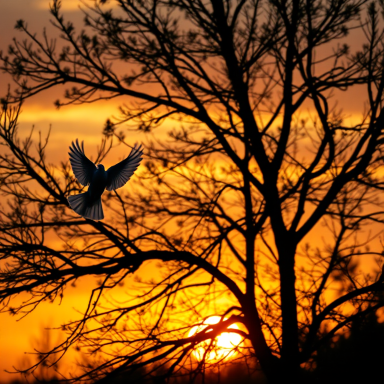 A serene scene of a white dove flying near a silhouette of a tree against a vibrant sunset, with golden rays of light piercing through the branches, captured with a DSLR camera at f/4 aperture, ISO 200, 50mm lens, shot from a low angle to emphasize the height of the tree and the elegance of the dove in motion.