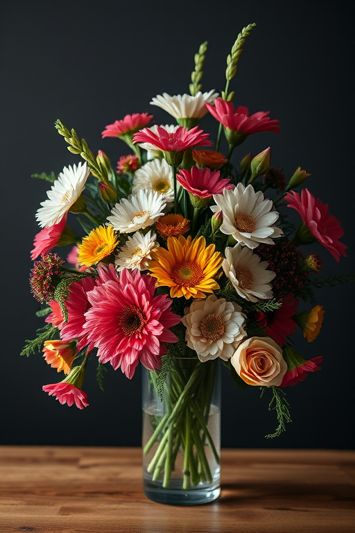 Still life of a luxurious floral arrangement in a glass vase featuring a variety of vibrant flowers with intricate details, dark background to enhance colors, shot with a Canon EOS R5, 50mm lens, f/1.2 aperture, 1/125 sec shutter speed, ISO 100, natural light for soft shadows.