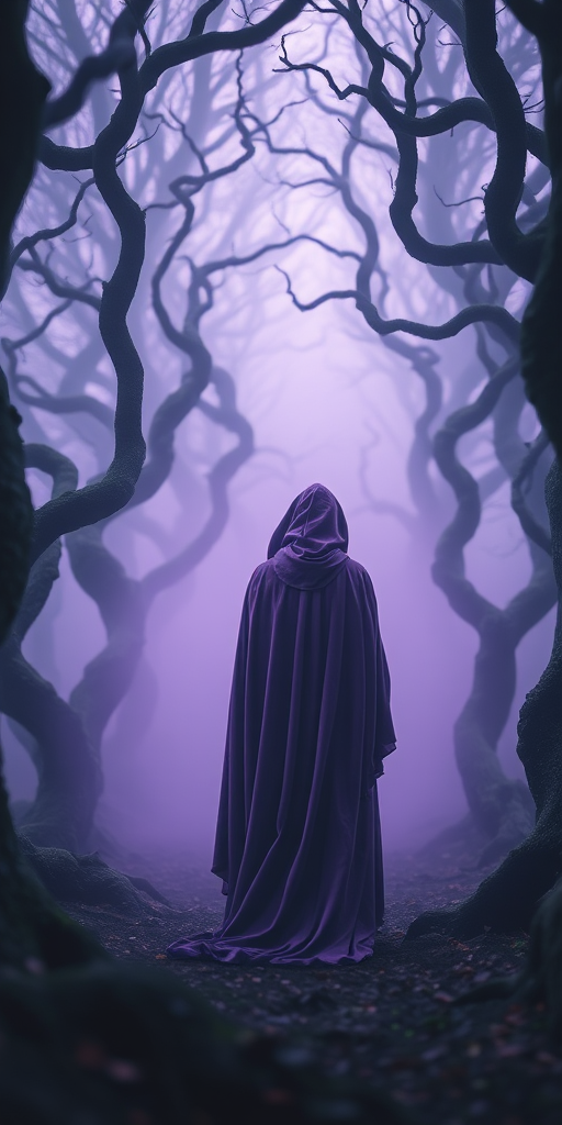 A mysterious figure in a flowing purple cloak standing in an enchanted forest with twisted trees, surrounded by a purple mist, soft focus, aperture f/2.8, ISO 100, 35mm lens, shot from a low angle to enhance depth and perspective.