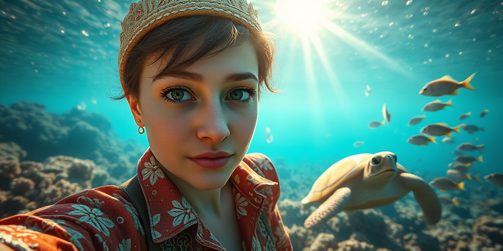 Realistic selfie image of a Mizrahi, wearing a vintage outfit, detailed dreamy eyes, droopy hooded eyes, staring at the camera, taken underwater at coral reef with a sunbeam filtering through the water, vibrant, summer vacation, natural lighting, turtle and school of tropical fish with vibrant colors, rendered in the style of CryEngine, Pegi Nicol MacLeod, with realistic genre scenes, hauntingly beautiful narratives, ultra-realism, and Thomas Saliot's close-up technique, 8K resolution, crystal clear and sparkling water.