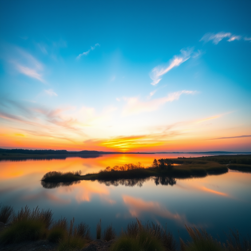 Create a high-resolution image of a serene landscape featuring a sunset over a calm lake, with vibrant colors reflecting on the water, captured using a DSLR camera, 50mm lens, f/8 aperture, ISO 100, 1/200s shutter speed, shot from eye level in landscape orientation.