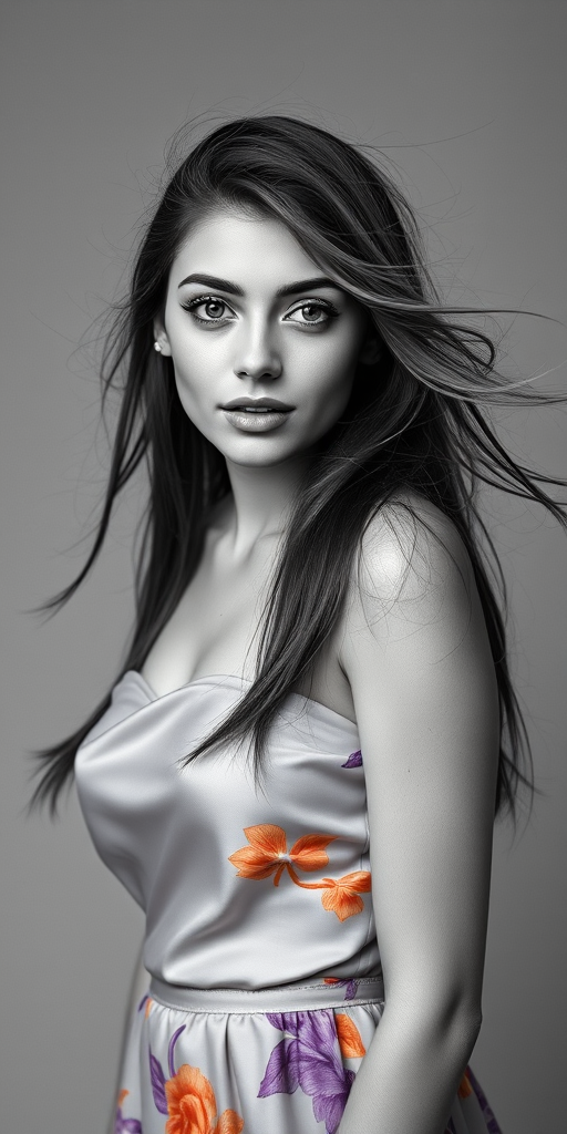 Photographic image of a beautiful young Tajik woman, green eyes, lips with white lipstick, long hair fluttering in the wind and wearing a silk strapless dress with a soft purple and orange print. monochrome image with only color highlights in the iris of the eyes, lipstick and dress. Gray background.