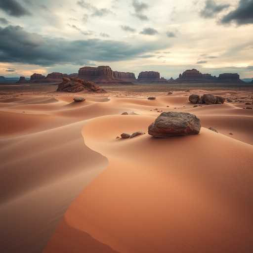 a serene landscape featuring rolling dunes and rocky formations under a cloudy sky, taken with a DSLR camera, 50mm lens, f/8 aperture, ISO 200, 1/125 sec exposure, wide-angle view for depth, enhanced colors and contrast