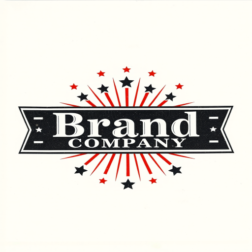 Create a vintage-style logo featuring a central banner with the text "Brand Company" in an elegant font, surrounded by decorative elements like stars and stripes, using a DSLR camera with a 50mm lens, aperture set to f/1.8, ISO 100, shot from a straight-on view with soft natural lighting for a clean and professional look.