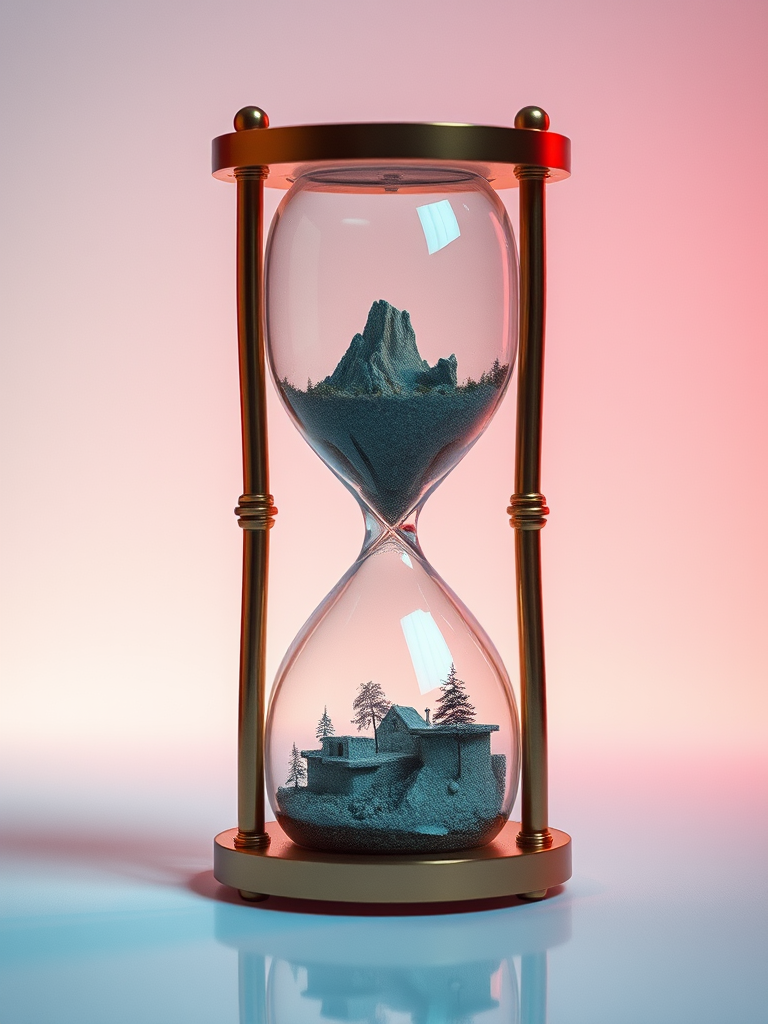 Create a high-resolution image of a futuristic hourglass with a detailed landscape scene inside, set against a gradient background, using a Canon EOS R5 camera with a 50mm lens, f/2.8 aperture, ISO 100, and a soft focus style, capturing intricate reflections and shadows for a vivid and immersive effect.