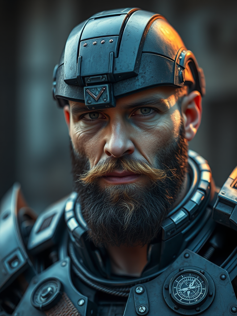 close up Portrait photo of muscular bearded guy in a worn mech suit, intricate, (steel metal , elegant, sharp focus, photo by greg rutkowski, soft lighting, vibrant colors, masterpiece, detailed face