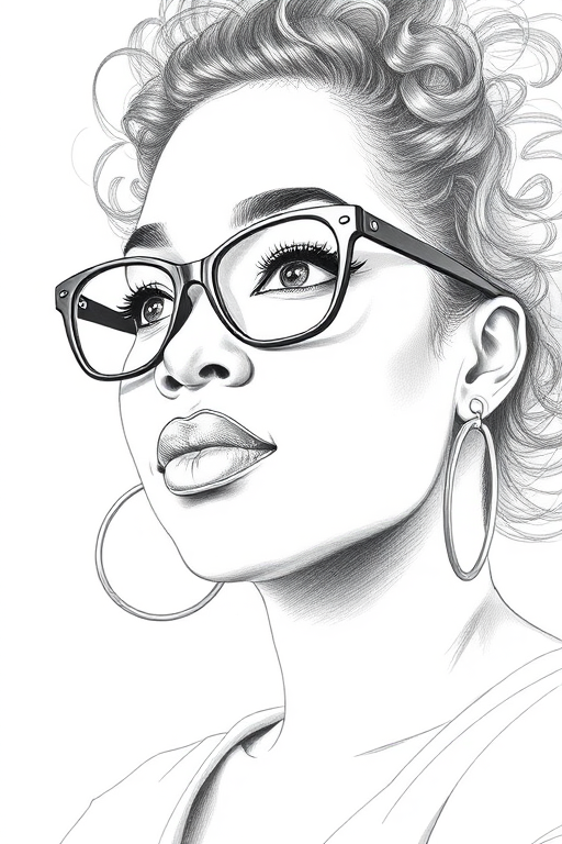 Beautiful Oprah Winfrey, pencil sketch, portrait of beautiful woman 60s in glasses, hair style beatnik, outline, clear lines, fine lines, 8k