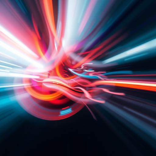 Regenerate an abstract image with dynamic movement and depth, camera settings at ISO 100, aperture f/8, shutter speed 1/60s, shot from a wide-angle view using a DSLR camera in high-resolution mode with a focus on capturing vibrant colors and contrasting shades.