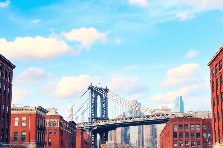 a vibrant cityscape featuring the Manhattan Bridge framed by red brick buildings under a clear blue sky with soft clouds