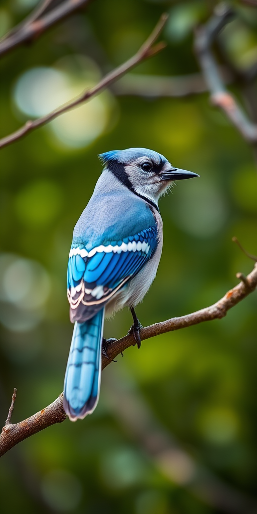 Capture a high-resolution image of a blue jay perched on a tree branch, using a Canon EOS 90D, ISO 200, f/5.6, 1/500s, in natural light with a shallow depth of field to softly blur the background, focusing on the bird with vibrant colors and clear details.