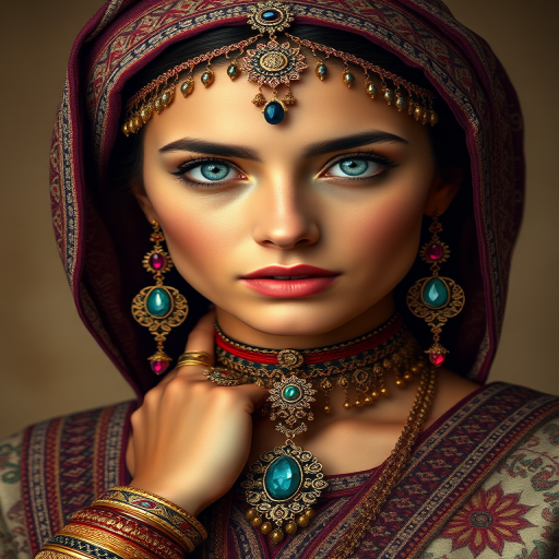 Create a portrait of a beautiful Assyrian woman with striking white eyes and a gentle expression. She is adorned in traditional attire with intricate patterns, including a richly embroidered headscarf and matching garments. Her jewelry includes a delicate headpiece, dangling earrings, and ornate bracelets, all featuring vibrant gemstones and detailed metalwork. The background is soft and warm, enhancing the rich colors of her outfit and jewelry.