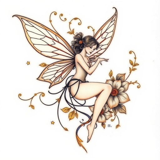 Art Nouveau-inspired fairy tattoo with flowing lines, organic shapes, and delicate wings, incorporating floral motifs and golden accents for a ethereal and elegant design