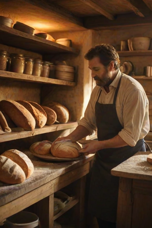 Warmly lit image of a baker pulling fresh bread from a wood-fired oven, soft golden light illuminating the rustic kitchen, with flour dusted on the countertop and shelves filled with jars of ingredients.