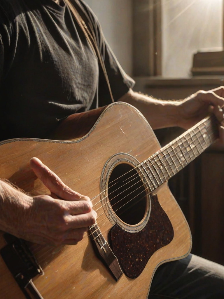 High-contrast, close-up photo of a guitar player's hands, fingers pressing the strings on a well-worn acoustic guitar, sunlight filtering through the window, dust motes visible in the air, wood grain of the guitar body textured and scratched, soft focus on the player's face in the background, concentration visible in their eyes.