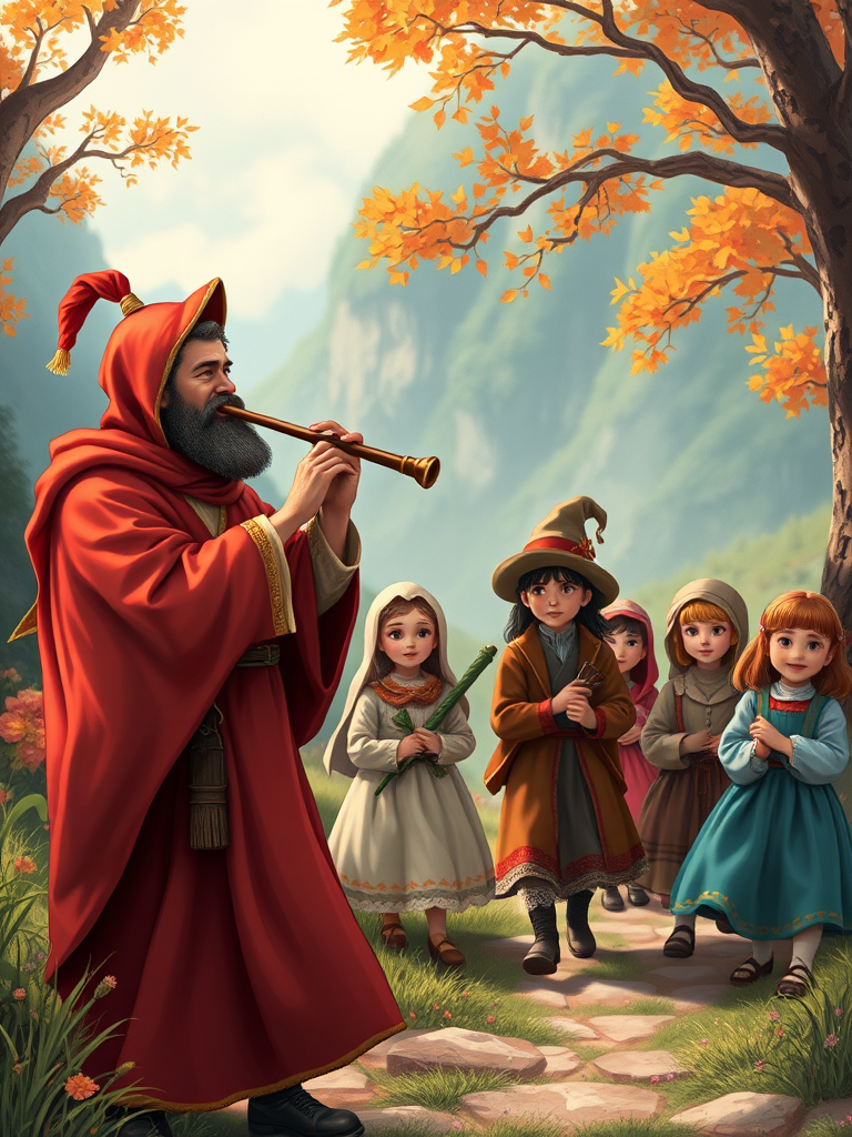 Create a whimsical illustration of a piper in a red robe playing a flute, leading a diverse group of enchanted children in historical attire through a vibrant landscape, captured with a Canon EOS R5, 50mm lens, f/1.8 aperture, 1/500 shutter speed, soft focus background for depth.