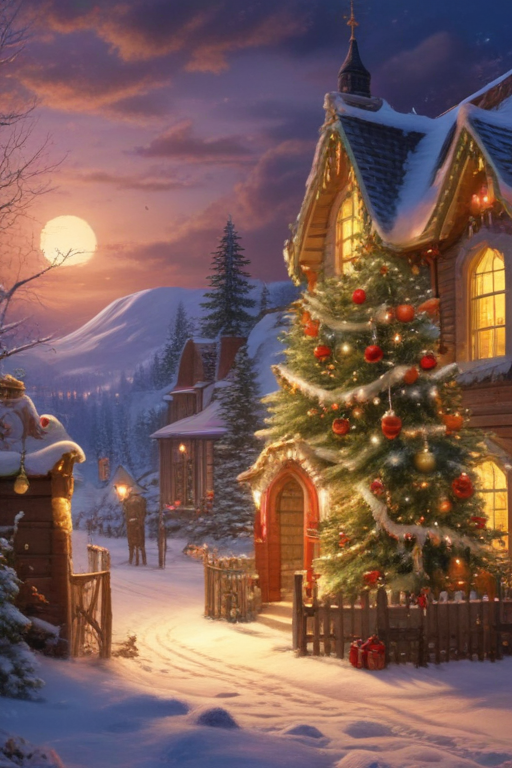 Cozy Winter Evening Scene with Christmas Tree and Snowy Landscape