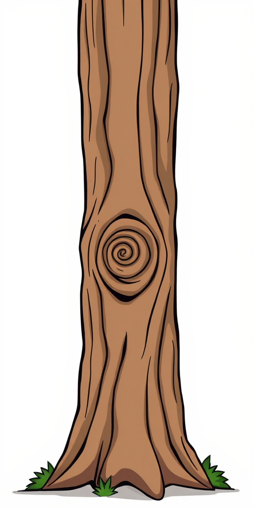 create a cartoon-style illustration of a tall, textured wooden tree trunk with a spiral knot, featuring wavy lines and a brown color, set against a plain background