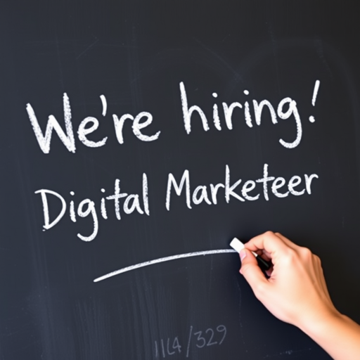 Create an image of a chalkboard with the text "We're hiring: Digital Marketeer" written in chalk, using a DSLR camera with a 50mm lens, f/1.8 aperture, ISO 200, 1/100s shutter speed, angled view for emphasis.