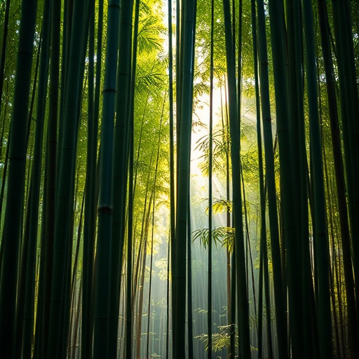 capture a serene bamboo forest scene with soft morning light filtering through the tall bamboo stalks, use a Canon EOS R5 camera with a 24-70mm lens, aperture f/8, shutter speed 1/125s, ISO 200, focus on vibrant greens and subtle mist, apply a slight vignette for depth