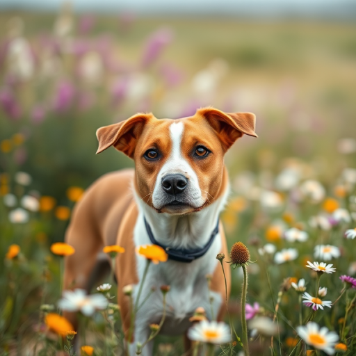 regenerate an image of a brown and white dog standing in a lush field of flowers with a soft background; camera settings: f/2.8, ISO 100, 1/500s; camera view: eye level; camera style: portrait; camera type: DSLR