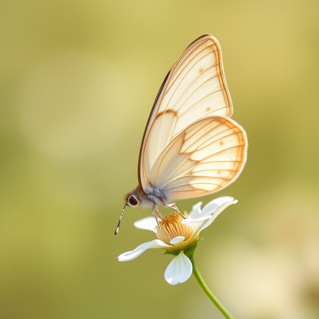 Generate an image of a delicate butterfly perched on a white flower. The butterfly should have intricate patterns on its wings, displaying soft shades of cream and light brown. The background should be softly blurred to emphasize the butterfly and flower, creating a serene, nature-inspired scene.