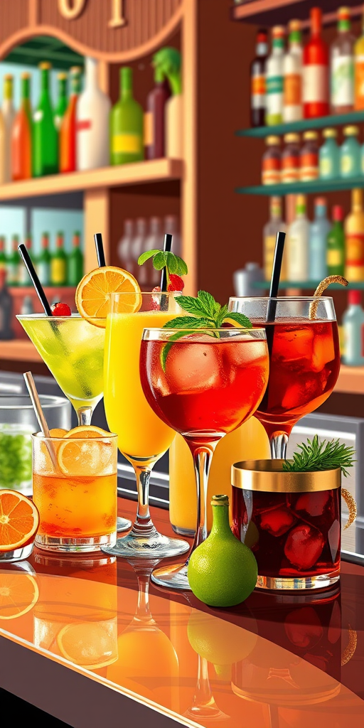 Create a vibrant illustration of various cocktails and drinks arranged on a bar counter with a focus on detail and texture, using a DSLR camera, 50mm lens, f/2.8 aperture, ISO 100, natural lighting to enhance color vibrancy and clarity.