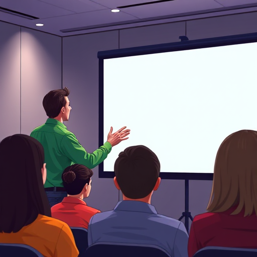 Create an illustration of a presenter in a green shirt gesturing towards a blank presentation slide with four audience members facing the presenter, using a high-resolution digital art style, 50mm lens, f/2.8 aperture, soft lighting with a depth of field effect, captured in a studio setting.