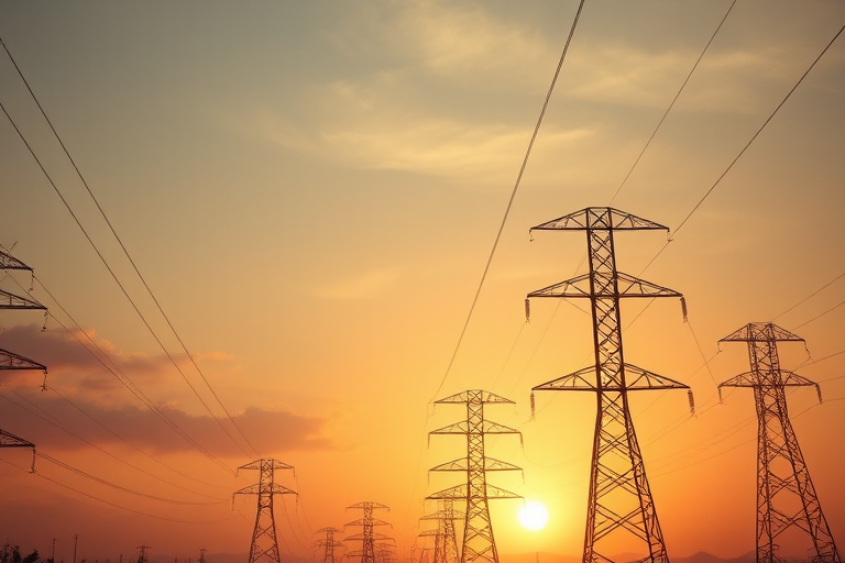 high voltage power lines against a sunset sky, soft warm tones, focal length 35mm, aperture f/8, ISO 200, shot from a low angle, DSLR camera, natural lighting
