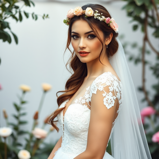 Garden scene, bridal model, delicate lace gown, floral headpiece, soft romantic focus, high-key lighting and an 85mm lens for soft, even tones that highlight the model’s face and bright outfit against a white or light background