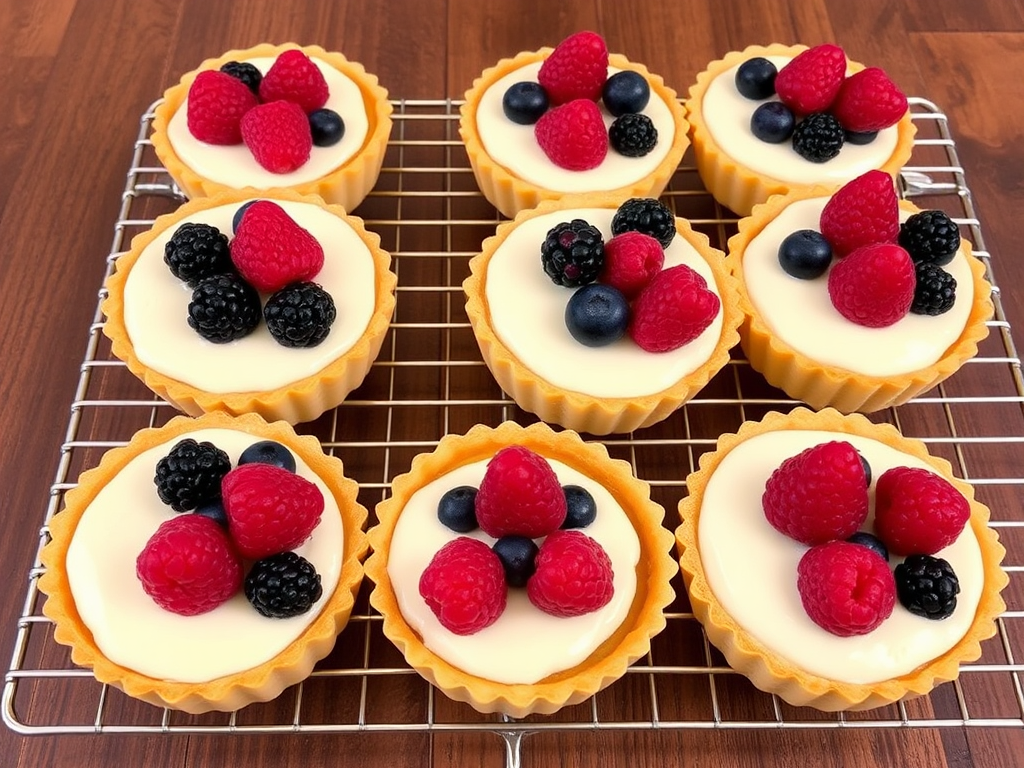 Delicious fruit tarts with a creamy filling topped with fresh raspberries blueberries and blackberries on a wire rack with a wooden background