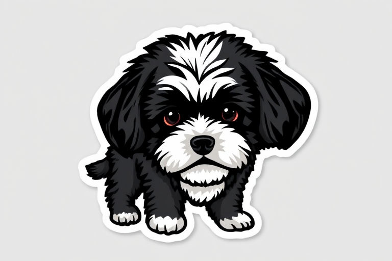 this image is sticker, 3D black and white pomapoo dog breed, grey background