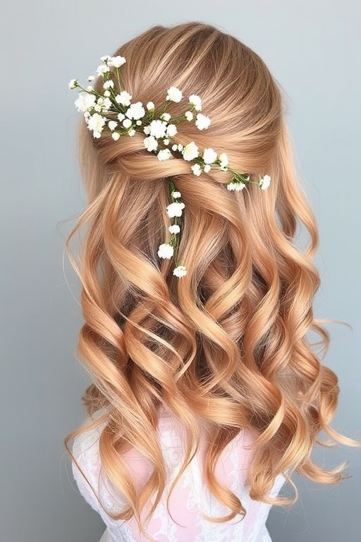 Soft rose gold waves styled in a romantic half-up, half-down look by "Blush & Bloom" hair artisans, showcasing loose, flowing curls adorned with delicate baby's breath flowers woven throughout, creating an ethereal, fairy-tale inspired aesthetic perfect for a whimsical bride.