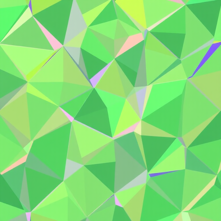 Create a vibrant low-poly design featuring various shades of green triangles in a seamless pattern, using a 50mm lens at f/8 aperture, 1/200 sec shutter speed, ISO 200, captured in a top-down view with a DSLR camera to enhance image quality.