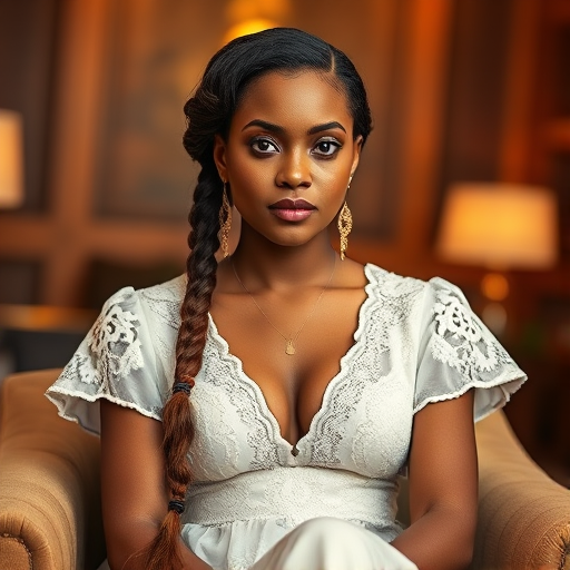 Create a portrait of a refined and elegant Kikuyu woman seated in a sophisticated setting. She has long, wavy hair styled in two thick braids that are pulled over her shoulders. She wears a white, lace gown with intricate patterns, featuring a deep V-neckline and short sleeves. The dress exudes a vintage charm with its delicate lacework. She is adorned with ornate, dangling earrings that add a touch of glamour to her appearance. The background is softly lit, with warm, ambient lighting that creates a cozy and inviting atmosphere. Her expression is poised and serene, capturing a sense of grace and elegance.