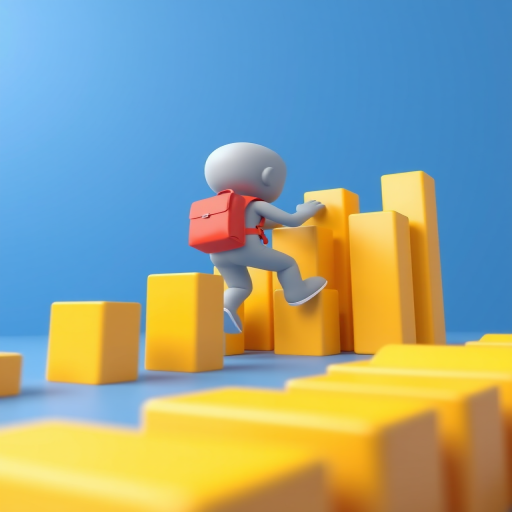3D illustration of a small character with a backpack climbing yellow bar graphs, blue background, focus on the character, 50mm lens, f/2.8 aperture, ISO 100, studio lighting, high-resolution render.