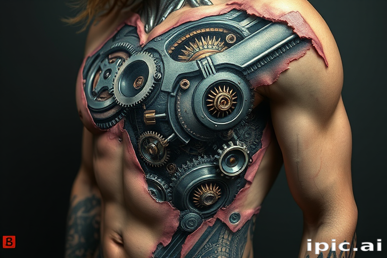 Hyper-realistic 3D biomechanical tattoo titled "Cybernetic Fusion" depicting exposed metallic gears pistons and circuitry seamlessly integrated with human anatomy revealing a complex inner workings of a cyborg beneath torn flesh with incredible attention to detail in shading and highlights creating a stunning illusion of depth and dimensionality on the skin