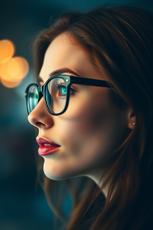 portrait of a woman with glasses in a futuristic digital overlay, soft focus, taken with a Canon EOS R5, 50mm lens, f/1.8, ISO 100, natural light, side profile view
