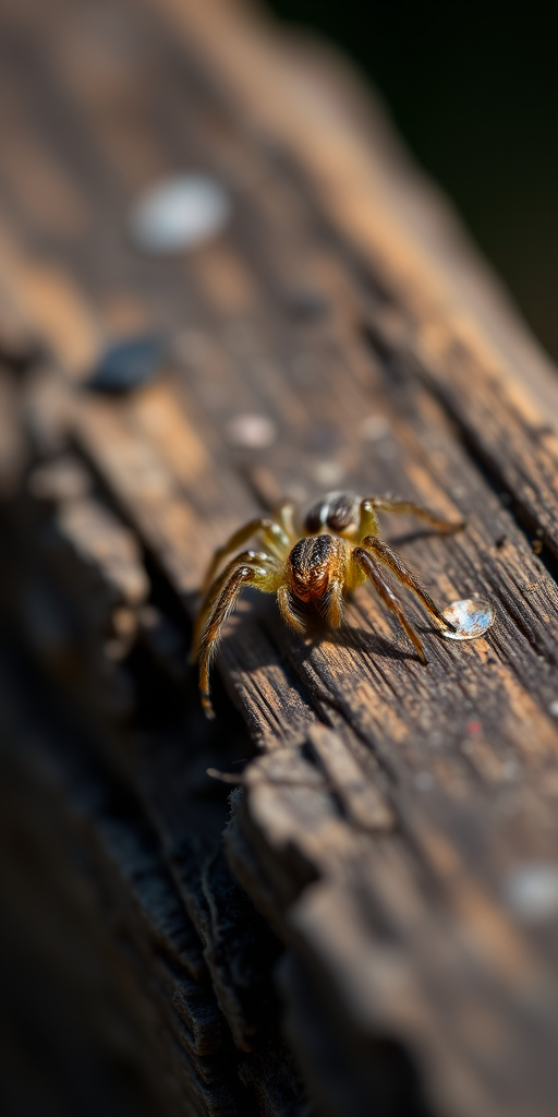 macro photograph of a small spider on a textured wooden surface, shallow depth of field, natural lighting, f/2.8 aperture, 100mm lens, ISO 200, 1/250s shutter speed, taken with a DSLR camera.
