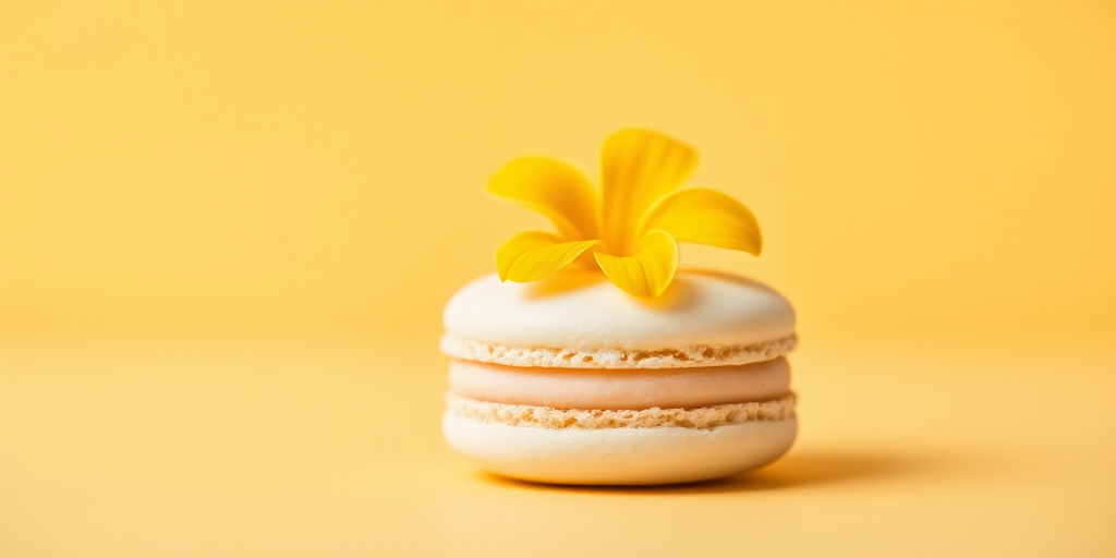 A beautifully arranged dessert featuring a white macaron topped with a bright yellow flower, against a soft yellow background, captured with a Canon EOS R5, 50mm f/1.2 lens, aperture f/2.8, ISO 100, natural light, shallow depth of field for a soft bokeh effect.