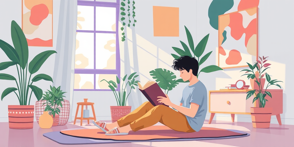 Create an illustration of a person reading a book while sitting on the floor in a cozy, brightly colored room with plants, a lamp, and abstract backgrounds, using a soft focus lens effect, 50mm focal length, ISO 200, f/2.8 aperture, shot in natural light with a slight bokeh background.