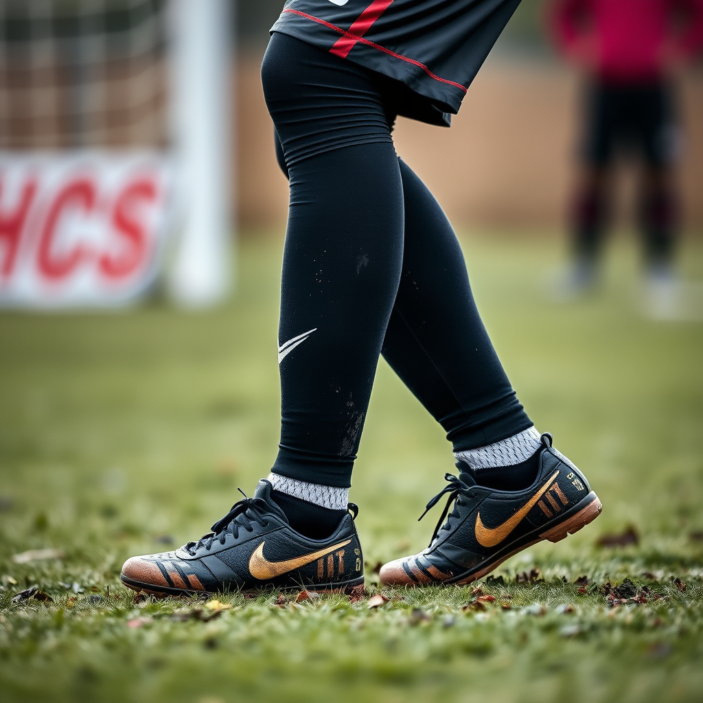 regenerate an image of a soccer goalkeeper wearing a muddy uniform on a grassy field, using a DSLR camera with a 50mm lens, aperture f/2.8, ISO 400, shutter speed 1/250s, focusing on the legs and shoes with a shallow depth of field for background blur.