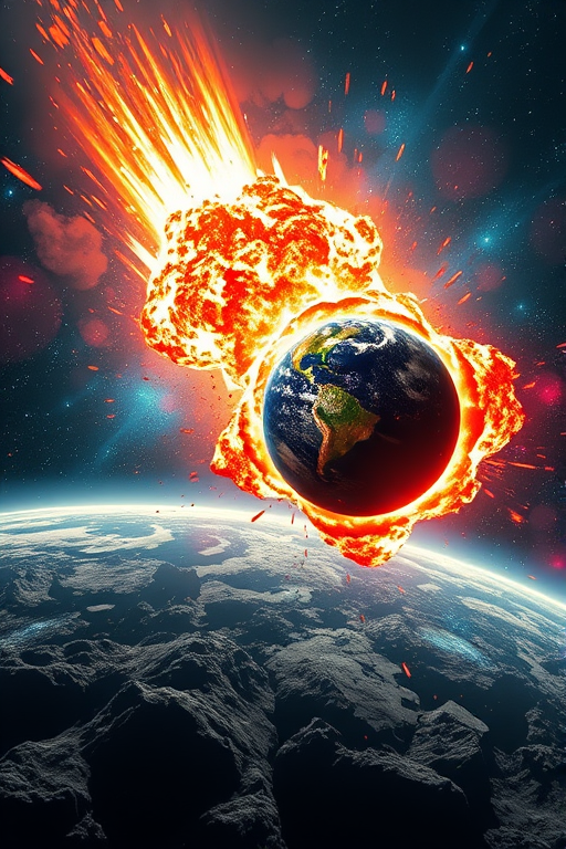 A dynamic cosmic scene depicting an asteroid hurtling toward Earth with vibrant explosions, rich colors, and detailed textures, captured using a DSLR camera at ISO 100, f/8, 1/1000s, wide-angle lens, and a low angle view to emphasize depth and movement.