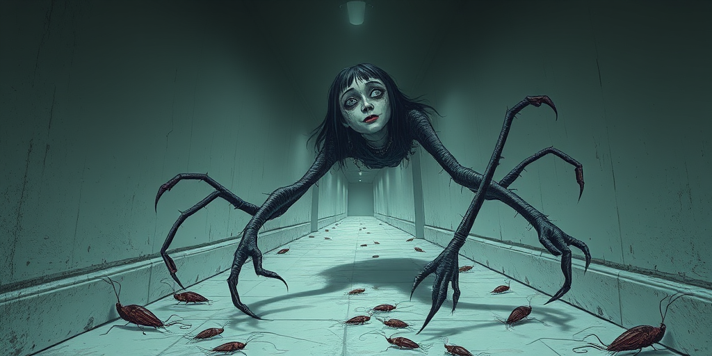 a crooked female with long arms and a creepy smile is crawling along a long white corridor and you can also see cockroaches in it there is a creepy atmosphere creepy art style